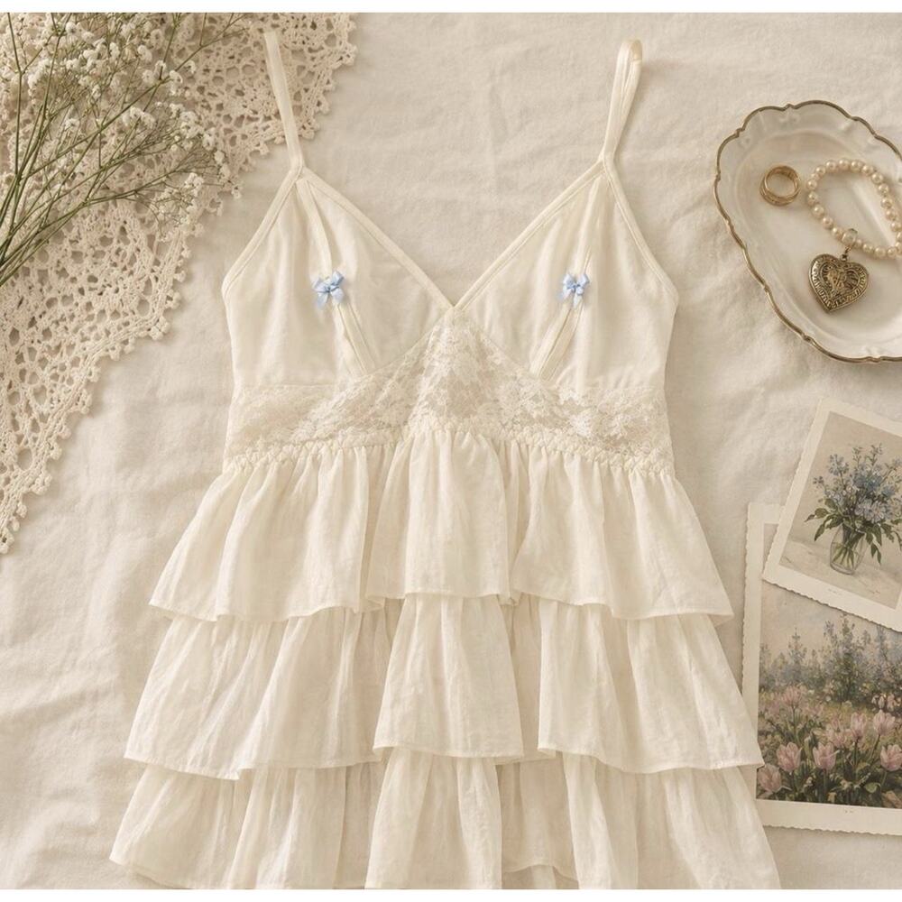 Escapante Coquette White Ruffle Lace Babydoll Cami Blue Bow Bridal Size S